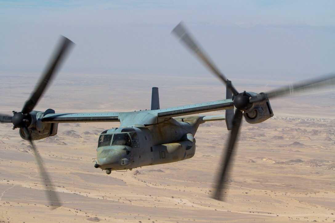 An MV-22B Osprey assigned to Marine Medium Tiltrotor Squadron (VMM) 266 Reinforced, 26th Marine Expeditionary Unit (MEU), flies in the Fifth Fleet area of operations while conducting touch and go exercises, April 26, 2013. The 26th MEU is deployed to the 5th Fleet area of operations aboard the Kearsarge Amphibious Ready Group. The 26th MEU operates continuously across the globe, providing the president and unified combatant commanders with a forward-deployed, sea-based quick reaction force. The MEU is a Marine Air-Ground Task Force capable of conducting amphibious operations, crisis response and limited contingency operations. (U.S. Marine Corps photo by Cpl. Kyle N. Runnels/Released)