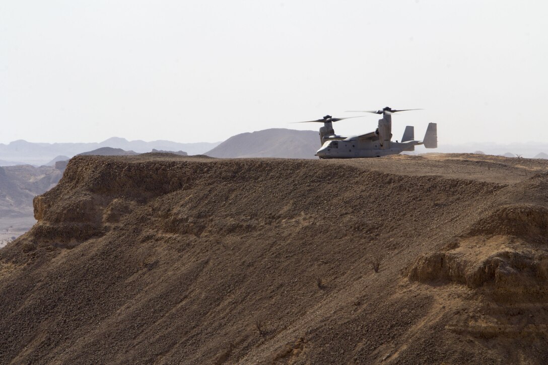 An MV-22B Osprey assigned to Marine Medium Tiltrotor Squadron (VMM) 266 Reinforced, 26th Marine Expeditionary Unit (MEU), conducts touch and go exercises in the Fifth Fleet area of operations, April 26, 2013. The 26th MEU is deployed to the 5th Fleet area of operations aboard the Kearsarge Amphibious Ready Group. The 26th MEU operates continuously across the globe, providing the president and unified combatant commanders with a forward-deployed, sea-based quick reaction force. The MEU is a Marine Air-Ground Task Force capable of conducting amphibious operations, crisis response and limited contingency operations. (U.S. Marine Corps photo by Cpl. Kyle N. Runnels/Released)