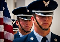 The Eglin Honor Guard waits to bring in the colors at the retirement ceremony for the MC-130E Combat Talon I at Duke Field, Fla., April 25.  Aircrew, maintainers and many others turned out to remember and bid farewell to the Talon I on its official retirement from the Air Force.  The last five Talons, located at Duke Field, will be delivered to the “boneyard” at Davis-Monthan Air Force Base, N.M., by mid-May 2013.  (U.S. Air Force photo/Tech. Sgt. Samuel King Jr.)