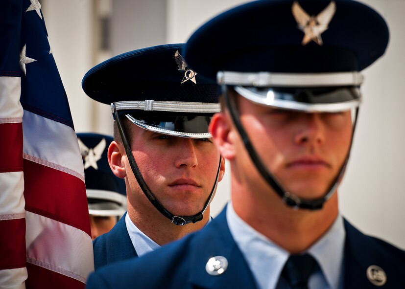 The Eglin Honor Guard waits to bring in the colors at the retirement ceremony for the MC-130E Combat Talon I at Duke Field, Fla., April 25.  Aircrew, maintainers and many others turned out to remember and bid farewell to the Talon I on its official retirement from the Air Force.  The last five Talons, located at Duke Field, will be delivered to the “boneyard” at Davis-Monthan Air Force Base, N.M., by mid-May 2013.  (U.S. Air Force photo/Tech. Sgt. Samuel King Jr.)