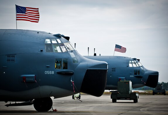 Two of the last five MC-130E Combat Talon Is sit on the Duke Field flightline adorned with American flags for the aircraft’s retirement ceremony April 25.  Aircrew, maintainers and many others turned out to remember and bid farewell to the Talon I on its official retirement from the Air Force.  The last five Talons, located at Duke Field, will be delivered to the “boneyard” at Davis-Monthan Air Force Base, N.M., by mid-May 2013.  (U.S. Air Force photo/Tech. Sgt. Samuel King Jr.)