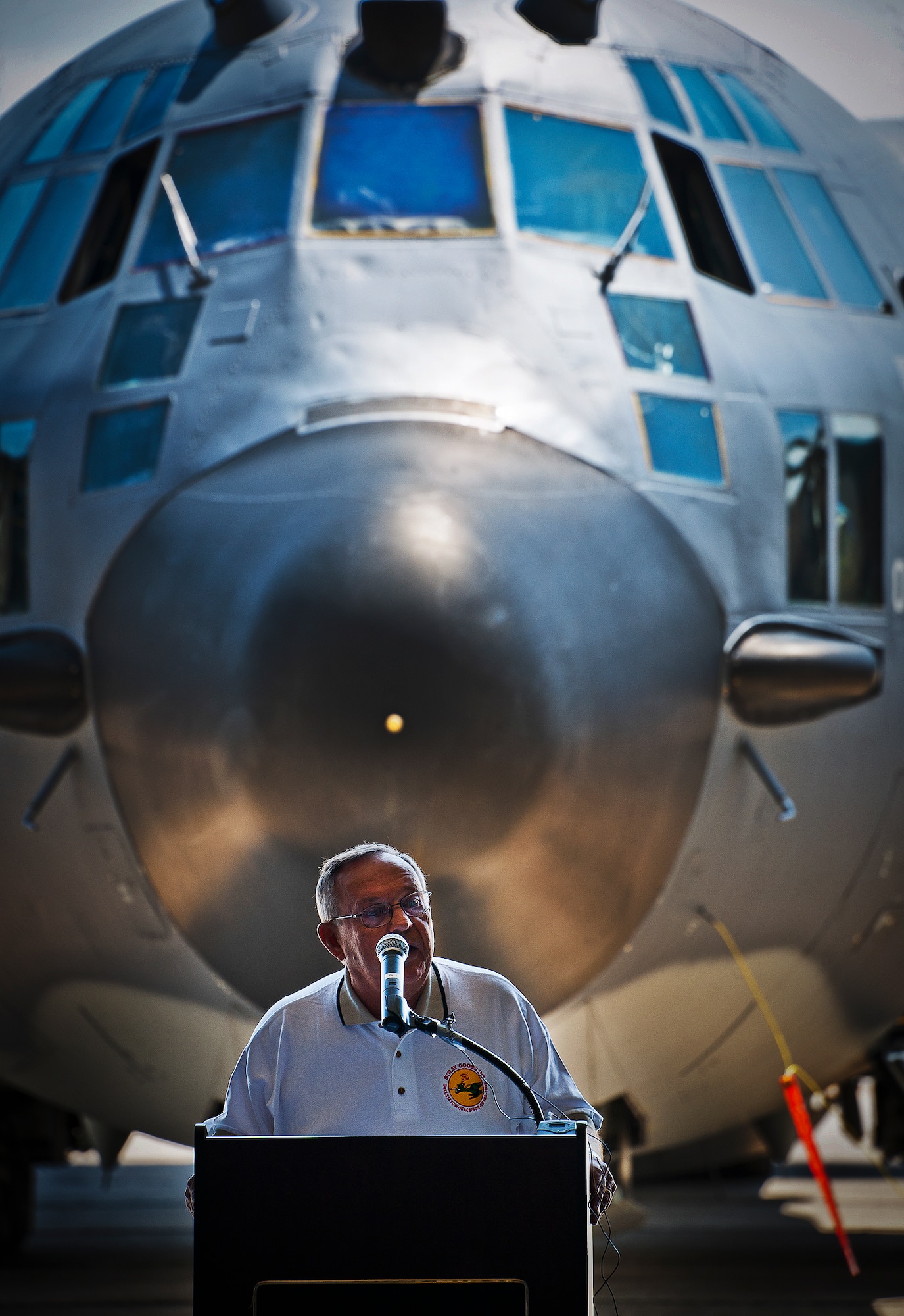 Retired Col. Ray Turczynski, former 1st Special Operations Squadron commander and MC-130E Combat Talon I pilot, speaks at the retirement ceremony for the aircraft at Duke Field, Fla., April 25.  Turcynski spoke about 1980’s Operation Eagle Claw, the attempted mission to rescue hostages in Iran.  Aircrew, maintainers and many others turned out to remember and bid farewell to the Talon I on its official retirement from the Air Force.  The last five Talons, located at Duke Field, will be delivered to the “boneyard” at Davis-Monthan Air Force Base, N.M., by mid-May 2013.  (U.S. Air Force photo/Tech. Sgt. Samuel King Jr.)