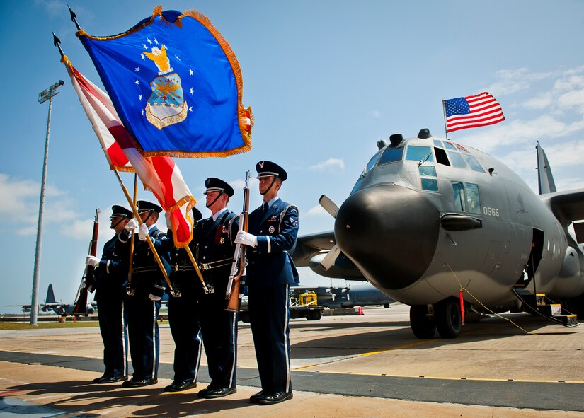 The Eglin Honor Guard presents the colors in the shadow of an MC-130E Combat Talon I during its retirement ceremony at Duke Field, Fla., April 25.  Aircrew, maintainers and many others turned out to remember and bid farewell to the Talon I on its official retirement from the Air Force.  The last five Talons, located at Duke Field, will be delivered to the “boneyard” at Davis-Monthan Air Force Base, N.M., by mid-May 2013.  (U.S. Air Force photo/Tech. Sgt. Samuel King Jr.)