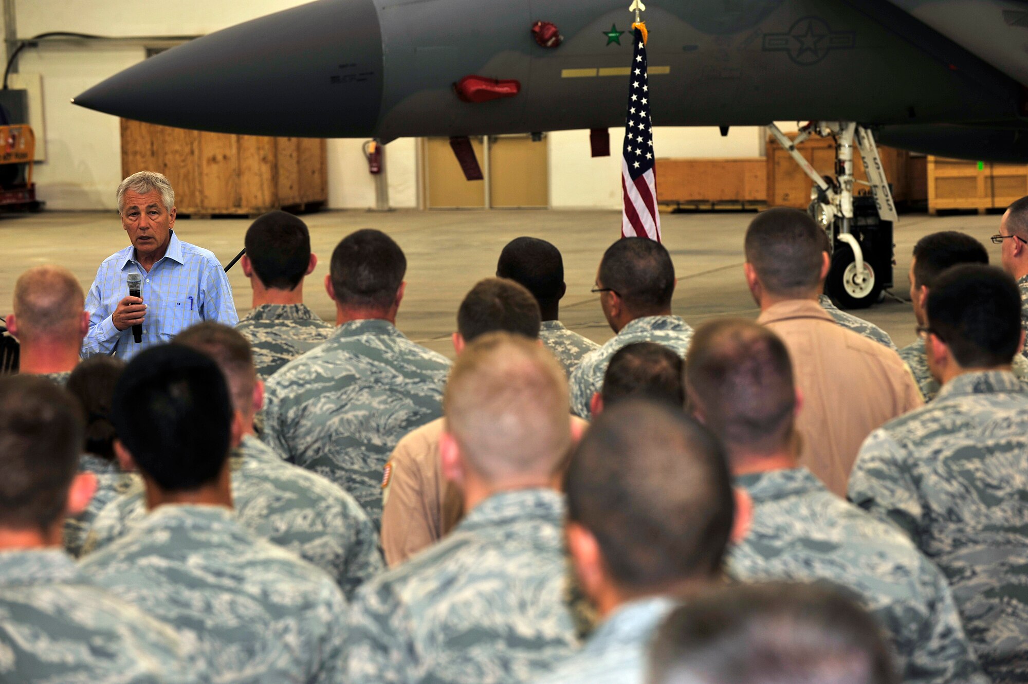 U.S. Defense Secretary Chuck Hagel speaks to Airmen, Soldiers and Sailors at the 380th Air Expeditionary Wing in Southwest Asia April 25, 2013. Hagel thanked servicemembers for their dedication and discussed relevant topics, including tuition assistance and sequestration. (U.S. Air Force photo by Tech. Sgt. Christina M. Styer)