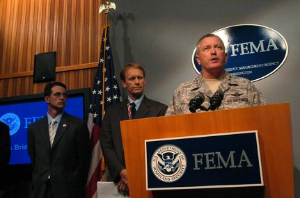 Air Force Maj. Gen. Bill Etter, director of domestic operations for the National Guard Bureau, briefs members of the media on the National Guard preparations for Tropical Storm Gustav, Friday, Aug. 29, 2008, at the Federal Emergency Managment Agency in Washington, D.C. In preparation for Gustav, the National Guard has more than 5,000 Soldiers and Airmen on standby and has pre-positions units in areas most likely to be affected by the storm.