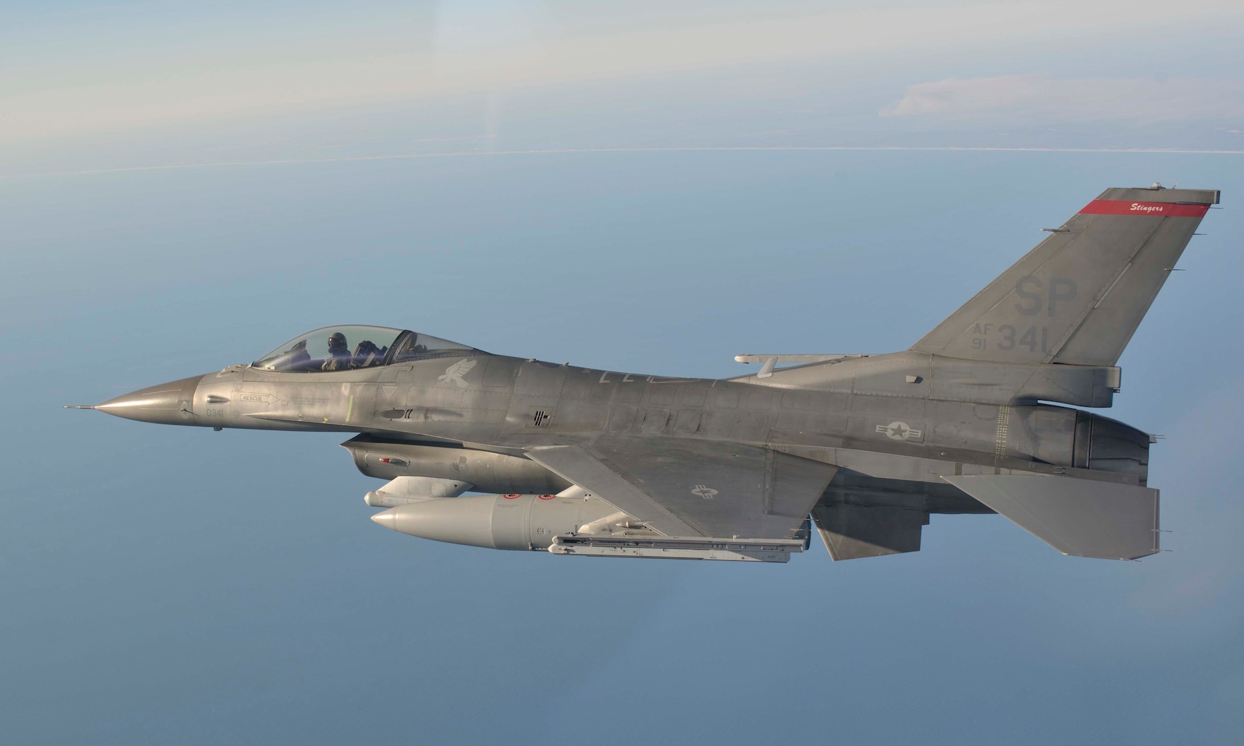 OVER THE GULF OF MEXICO - An F-16 from the 179th Fighter Squadron, a subordinate unit of the 148th Fighter Wing out of Duluth, Minn., flies a mission over the Gulf of Mexico Jan. 27. The 148th FW is working with the 53rd Weapons Evaluation Group at Tyndall Air Force Base, Fla., for two weeks to train for their Air Sovereignty Alert missions and to validate their new Block 50 F-16s. 

(U.S. Air Force photo by 1st Lt. Christopher Hoskins) 

