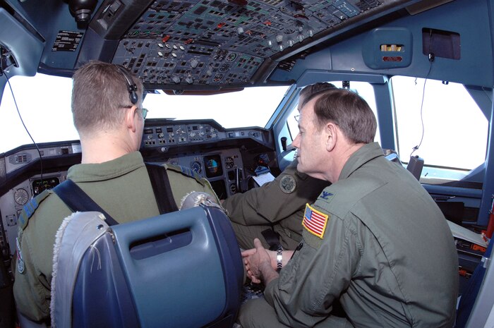 OVER THE GULF OF MEXICO - Air Force Col. Andy Morgan, North American Aerospace Defense Command Inspector General, listens to the radio communications between the pilot of the Canadian CC-150 simulating a target of interest and an F-16 from the 138th Fighter Wing's Detachment 1 flying on the aircraft's left side during an Amalgam Mute inspection of the wing's ability to conduct the NORAD alert mission. The CC-150, a Canadian military version of the popular Airbus A-310, played the role of a commercial airliner in the midst of a disturbance in the cockpit. An Amalgam Mute is a no-notice inspection of the entire alert facility including the unit's abilities to employ, control, maintain and reconstitute alert aircraft. 

(U.S. Air Force photo by Tech. Sgt. Thomas J. Doscher) 

