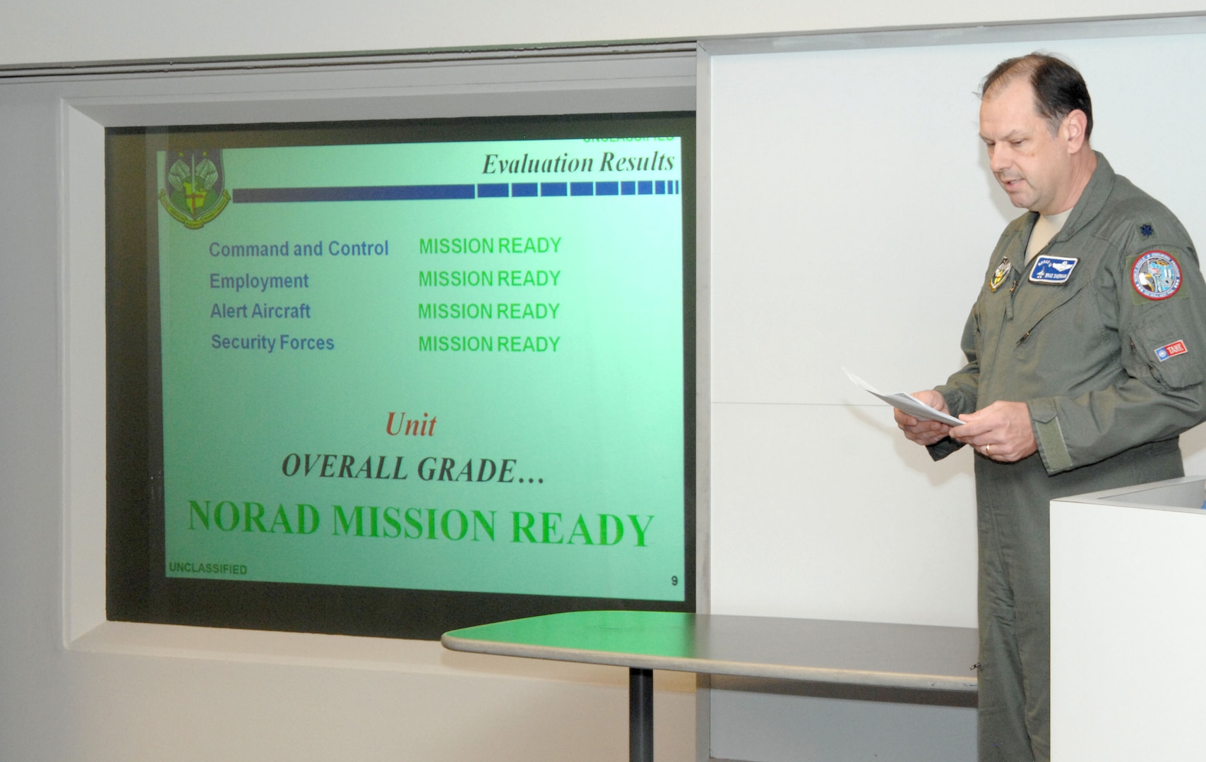 ELLINGTON FIELD, Texas - Lt. Col. Drexel Sherman, North American Aerospace Defense Command Inspector General Fighter Team Chief, gives members of the 138th Fighter Wing, Detachment 1, a report on the results of the IG team's inspection March 16. The alert facility was rated NORAD Mission Ready by the IG, and four Det. 1 members were identified as superior performers. 

(U.S. Air Force photo by Tech. Sgt. Thomas J. Doscher) 

