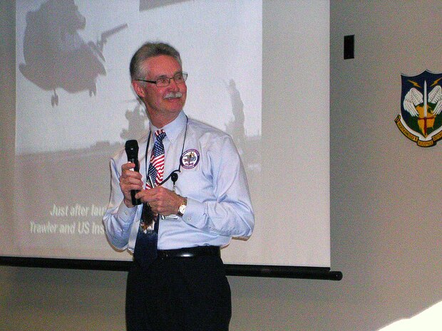 PETERSON AIR FORCE BASE, Colo. – Nick Nickel, U.S. Northern Command Operations Directorate, gives a presentation on Operation Eagle Claw, the disastrous 1980 attempt to free the hostages held in Tehran, Iran, April 28. Nickel was one of the operators assigned to Operation Eagle Claw. Eight servicemembers were killed and two of the mission aircraft destroyed when one of the helicopters assigned to the mission crashed into a C-130. Although a failure, the mission is credited with sparking the Department of Defense to invest in improving joint planning, communications, integration and operations. 

(U.S. Army photo by Lt. Col. Phil Smith) 

