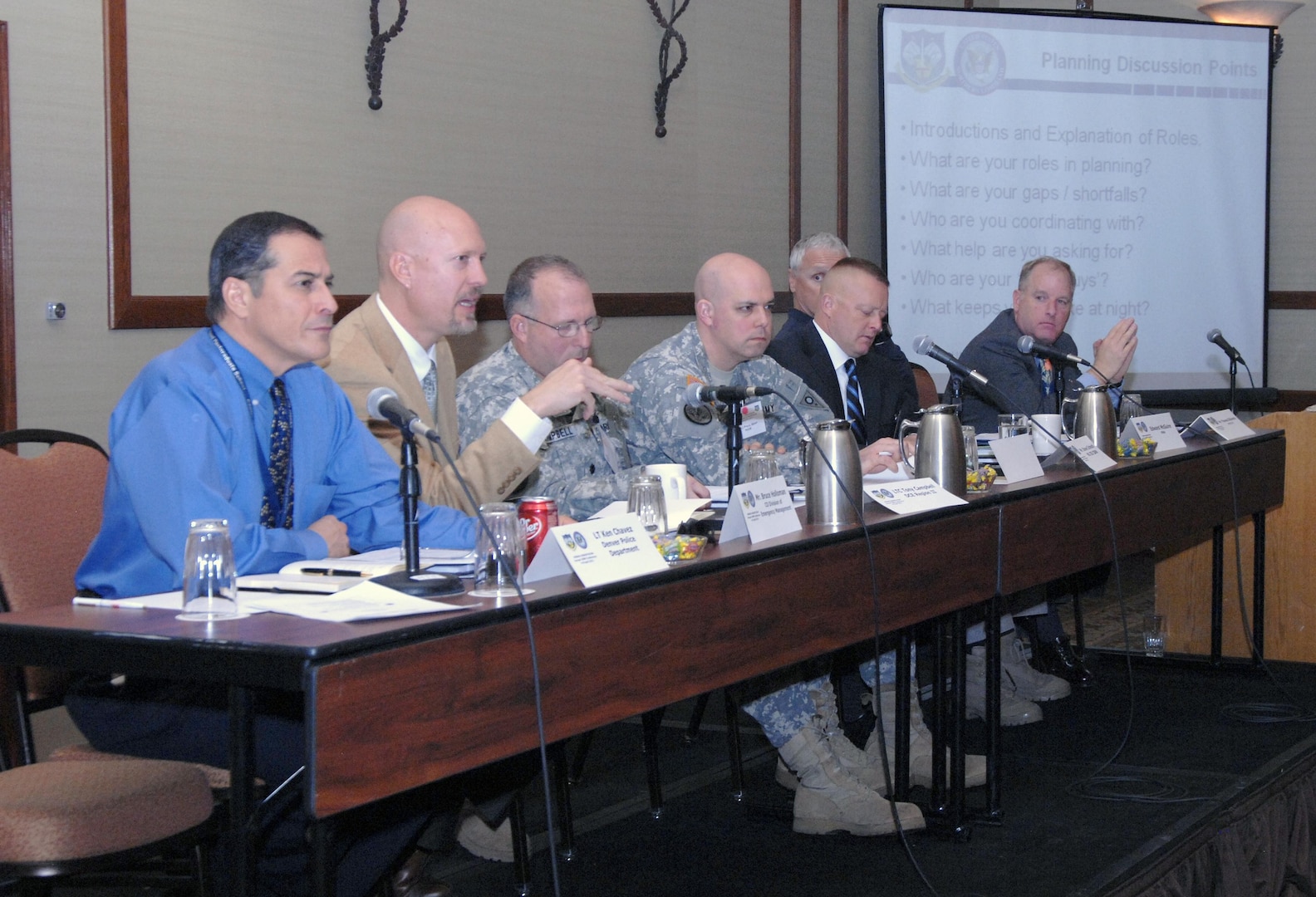 COLORADO SPRINGS, Colo. - Panel members take questions during the NORAD and USNORTHCOM Chemical, Biological, Radiological and Nuclear Conference at the Cheyenne Mountain Resort in Colorado Springs, Colo., April 5. The conference focused on educating military, state and local officials on the roles the different CBRN organizations would play in planning for, resopnding to and recovering from a radiological attack on a U.S. city. 

(U.S. Air Force photo by Tech. Sgt. Thomas J. Doscher) 


