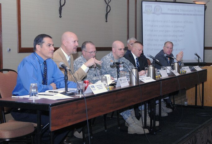 COLORADO SPRINGS, Colo. - Panel members take questions during the NORAD and USNORTHCOM Chemical, Biological, Radiological and Nuclear Conference at the Cheyenne Mountain Resort in Colorado Springs, Colo., April 5. The conference focused on educating military, state and local officials on the roles the different CBRN organizations would play in planning for, resopnding to and recovering from a radiological attack on a U.S. city. 

(U.S. Air Force photo by Tech. Sgt. Thomas J. Doscher) 

