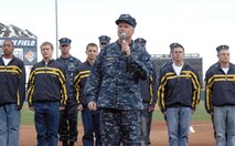 COLORADO SPRINGS, Colo. - Navy Adm. James Winnefeld, North American Aerospace Defense Command and U.S. Northern Command commander, gives the oath of enlistment to 12 U.S. Navy enlistees at the Sky Sox - Grizzlies game at Security Services Field May 3. The Admiral was also invited to throw out the first pitch. 

(U.S. Air Force photo by Tech. Sgt. Thomas J. Doscher) 


