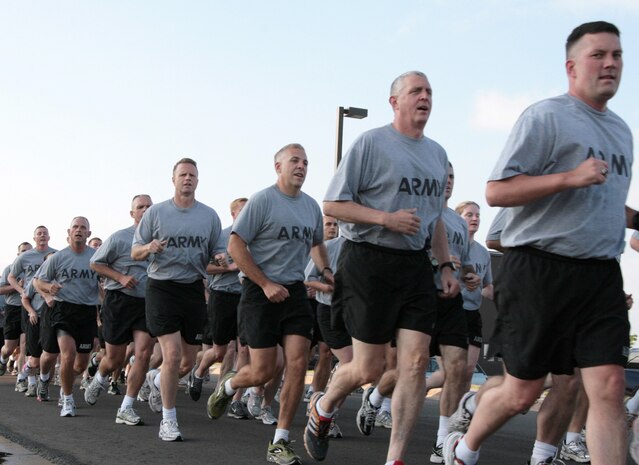 PETERSON AIR FORCE BASE, Colo. - Soldiers assigned to the North American Aerospace Defense Command and U.S. Northern Command participate in an early-morning "birthday run" to commemorate the 236th anniversary of the founding of the U.S. Army on Peterson Air Force Base, Colo., June 14. The run was led by Army. Lt. Gen. Frank Grass, USNORTHCOM deputy commander. More than 200 Soldiers currently serve in NORAD and USNORTHCOM. 

(U.S. Army photo by Lt. Col. Michael Humphreys) 

