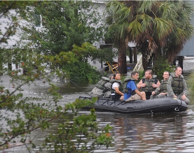 Members of the 20th Special Forces Group of the Mississippi Army National Guard launched rubber boats fitted with outboard motors to rescue residents of the flooded Jordan River Shores subdivision in Kiln, Miss., on Sept. 1. Six teams from the Jackson, Miss., based unit searched for anyone who remained in the subdivision, which flooded as a result of a tidal surge from Hurricane Gustav.