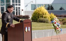 PETERSON AIR FORCE BASE, Colo. – Army Lt. Gen. Frank Grass, U.S. Northern Command deputy commander, speaks to North American Aerospace Defense Command and USNORTHCOM members during a 9/11 remembrance ceremony at the commands' 9/11 Memorial Sept. 9. 

(U.S. Air Force photo by Tech. Sgt. Thomas J. Doscher) 

