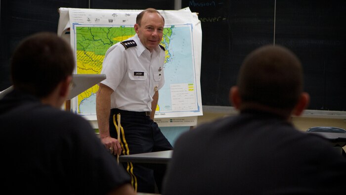 U.S. MILITARY ACADEMY, N.Y. - Army Gen. Charles H. Jacoby Jr., North American Aerospace Defense Command and U.S. Northern Command commander, speaks with cadets while guest lecturing for History 302 (History of the Civil War in the West), Oct. 28, at the U.S. Military Academy in West Point, N.Y. Jacoby told the class he taught this course when he served as a instructor in the History Department as a captain. 

(U.S. Army photo by Tommy Gilligan) 

