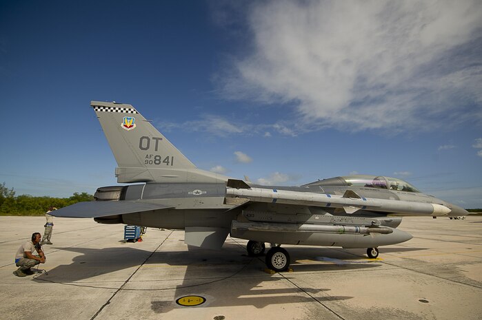 NAVAL AIR STATION KEY WEST, Fla. - Air Force Staff Sgt. Jam Baro, crew chief, from the 46th Aircraft Maintenance Squadron, blue aircraft maintenance unit, Eglin Air Force Base, Fla., prepares an F-16 Fighting Falcon for a mission during exercise Vigilant Shield 12 on Naval Air Station Key West, Fla., Nov. 6. The exercise in Key West will be the "first-ever proof of concept" for the military's Joint Deployable Integrated Air and Missile Defense System, a collection of high-end radars and missile systems as well as aircraft that work in tandem in the event of a threat to the continental United States. 

(U.S. Air Force photo by Tech. Sgt. Dennis J. Henry Jr.) 

