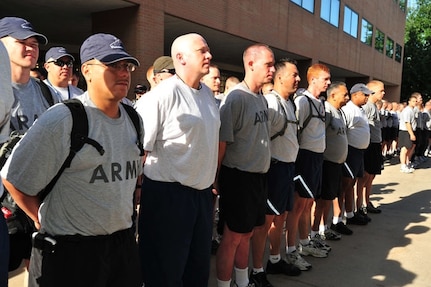 Soldiers and Airmen representing Colorado, Georgia and Nebraska National Guard stand in formation in Devnver to hear their assignments for the day Aug. 27.