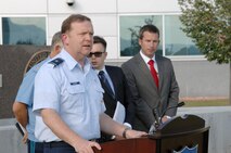 PETERSON AIR FORCE BASE, Colo. - Air Force Brig. Gen. Richard Scobee, NORAD deputy director of operations, offers comments during a press conference wrapping up Vigilant Eagle 12 Aug. 29, 2012. Vigilant Eagle 12, a joint computer based command post exercise, is designed to build and strengthen cooperation between U.S., Canadian and Russian military forces during a terrorist hijacking where the aircraft moves between U.S. and Russian airspace. (U.S. Air Force photo by Tech. Sgt. Thomas J. Doscher)