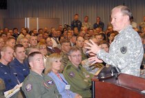 PETERSON AIR FORCE BASE, Colo. - Army Gen. Martin Dempsey, Chairman of the Joint Chiefs of Staff, conducts a Chairman's Call with members of NORAD and USNORTHCOM at the commands' headquarters Feb. 19. During the Chairman's Call, Dempsey took questions from the audience and spoke about sequestration and USNORTHCOM's role in homeland defense. (U.S. Air Force photo by Tech. Sgt. Thomas J. Doscher)