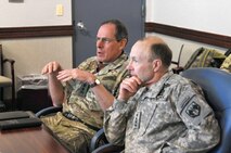 PETERSON AIR FORCE BASE, Colo. - Gen. Sir Nicholas Parker, Former Commander, Land Forces, British Army, and Army Gen. Charles H. Jacoby, commander of NORAD and U.S. Northern Command, attend a roundtable discussion at NORAD and USNORTHCOM headquarters Jan. 16. The discussion included a “lessons learned” from the UK military’s contribution to the 2012 London Olympics as well as the U.S., Canada and the UK’s overlapping security interests. The visit provided a way to enhance NORAD and USNORTHCOM’s relationship with UK Ministry of Defence. 

(U.S. Air Force photo by Tech. Sgt. Thomas J. Doscher) 

