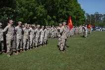 Marines and sailors with 2nd Medical Battalion, Combat Logistics Regiment 25, 2nd Marine Logistics Group stand in formation during a Bronze Star Medal ceremony aboard Camp Lejeune, N.C., April, 24, 2013. The Bronze Star was awarded to Navy Lt. Wilfredo L. Lucas, the operations officer for the battalion, for the improvements he implemented in the Afghan National Army’s healthcare system.