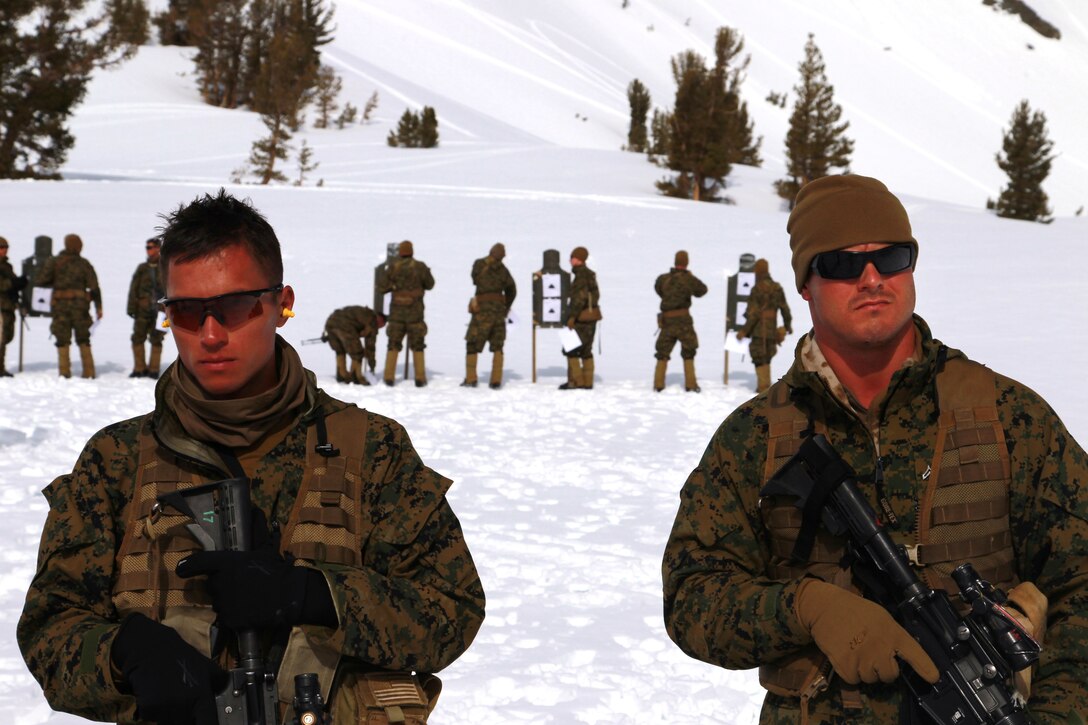 Lance Cpl. James Robbins, infantryman, Company G, 2nd Battalion, 3rd Marine Regiment, and Cpl. Corey Sammons, team leader, Co. F, 2/3, prepare to fire during a biathlon April 3.