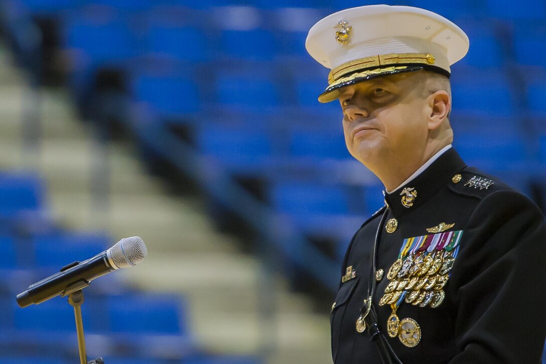 Gen. John R. Allen, delivers remarks during his retirement ceremony at the Naval Academy, Annapolis, Md., April 29. Allen retires after more than 30 years of faithful service to the Marine Corps. 