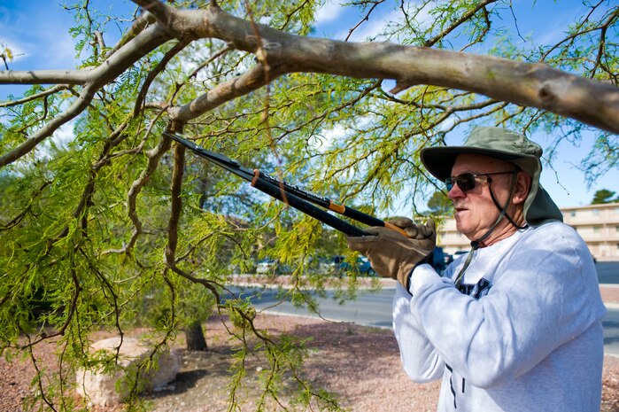 Bill Fillipowski, University of Nevada Cooperative Extension master gardener, cuts a branch off of a tree during an Earth Day clean-up at the Maj. Gen. Billy McCoy Environmental Grove April 25, 2013, at Nellis Air Force Base, Nev. The 99th Civil Engineering Squadron hosts an Earth Day clean up annually and is open to any volunteers who wish to participate. (U.S. Air Force photo by Airman 1st Class Christopher Tam)