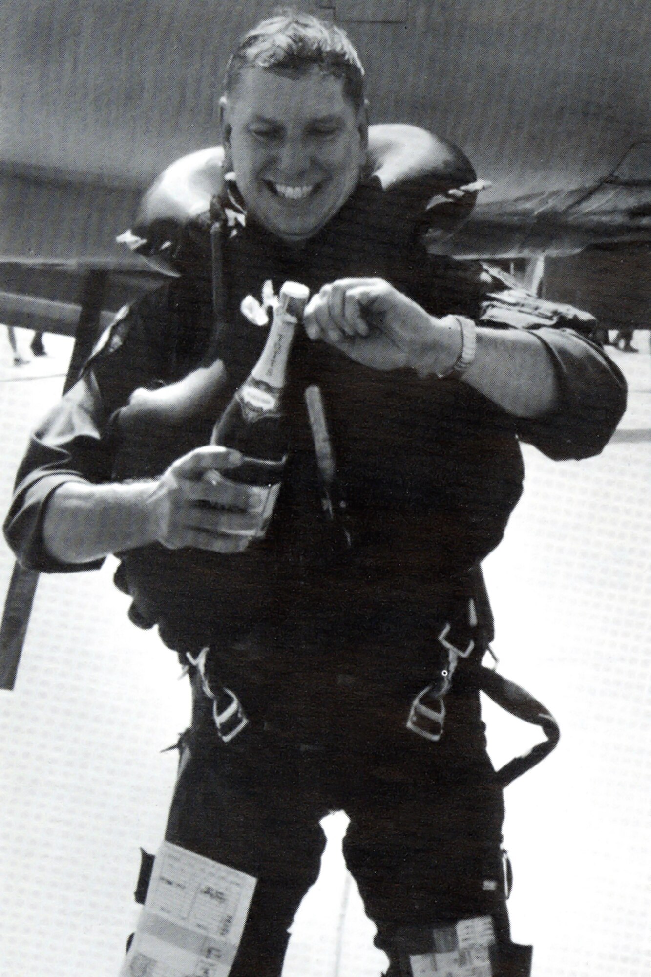 GRISSOM AIR FORCE BASE, Ind. -- Maj. Don Windt, 45th Tactical figher Squadron pilot, celebrates after completing his final flight in an A-10 here in 1994. The 45th TFS and 930th Operations Group ceased flying operations in 1994 as part of base realignment and closure procedures. (U.S. Air Force photo/Tech. Sgt. Doug Hays)