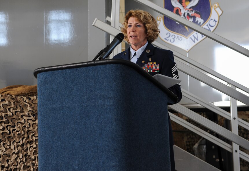 U.S. Air Force Chief Master Sgt. Dianna Vallely, 23d Medical Group chief enlisted manager, gives a speech during her retirement ceremony at Moody Air Force Base, Ga., April 26, 2013. Vallely thanked everyone for attending the ceremony as well as for all of the support she received throughout her career. (U.S. Air Force photo by Airman Alexis Grotz/Released) 