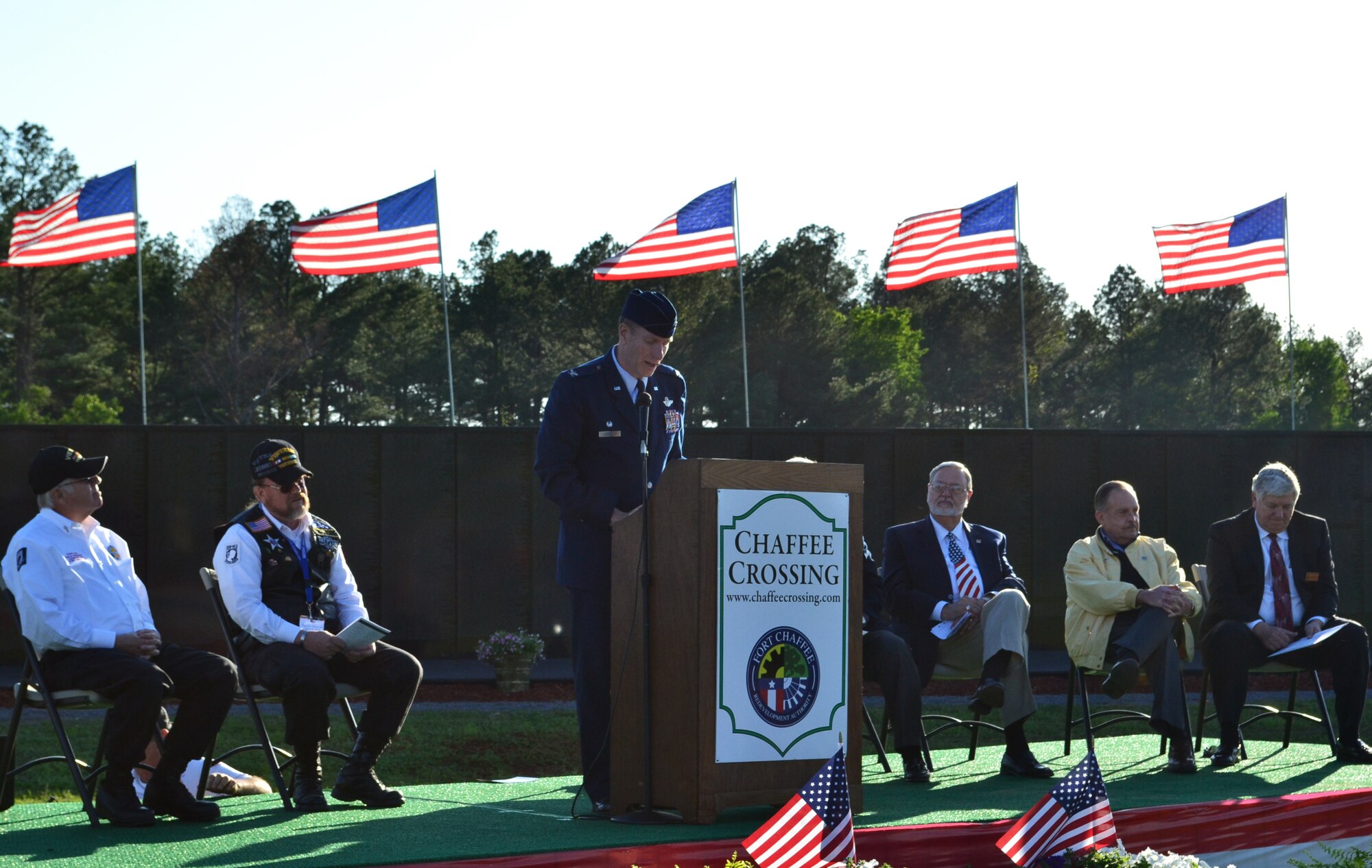 Col. Mark W. Anderson, 188th Fighter Wing commander, delivers a speech during the opening ceremony for the Memorial Vietnam Wall April 24. The Memorial Vietnam Wall is a portable 8-foot by 240-foot replica of the Vietnam Veterans Memorial in Washington, D.C. The three-quarter-scale faux granite replica is engraved with more than 58,000 names of veterans who died or were reporting missing during the Vietnam War. The memorial will be on display in Fort Smith near the intersection of Zero Street and Veterans Boulevard. (Courtesy photo)

