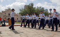The 737th Training Group's Drum and Bugle Corps from Joint Base San Antonio-Lackland held a demonstration at the Alamo during Air Force at the Alamo, one of many San Antonio-wide Fiesta events April 22. (U.S. Air Force photo by Joshua Rodriguez) (released)