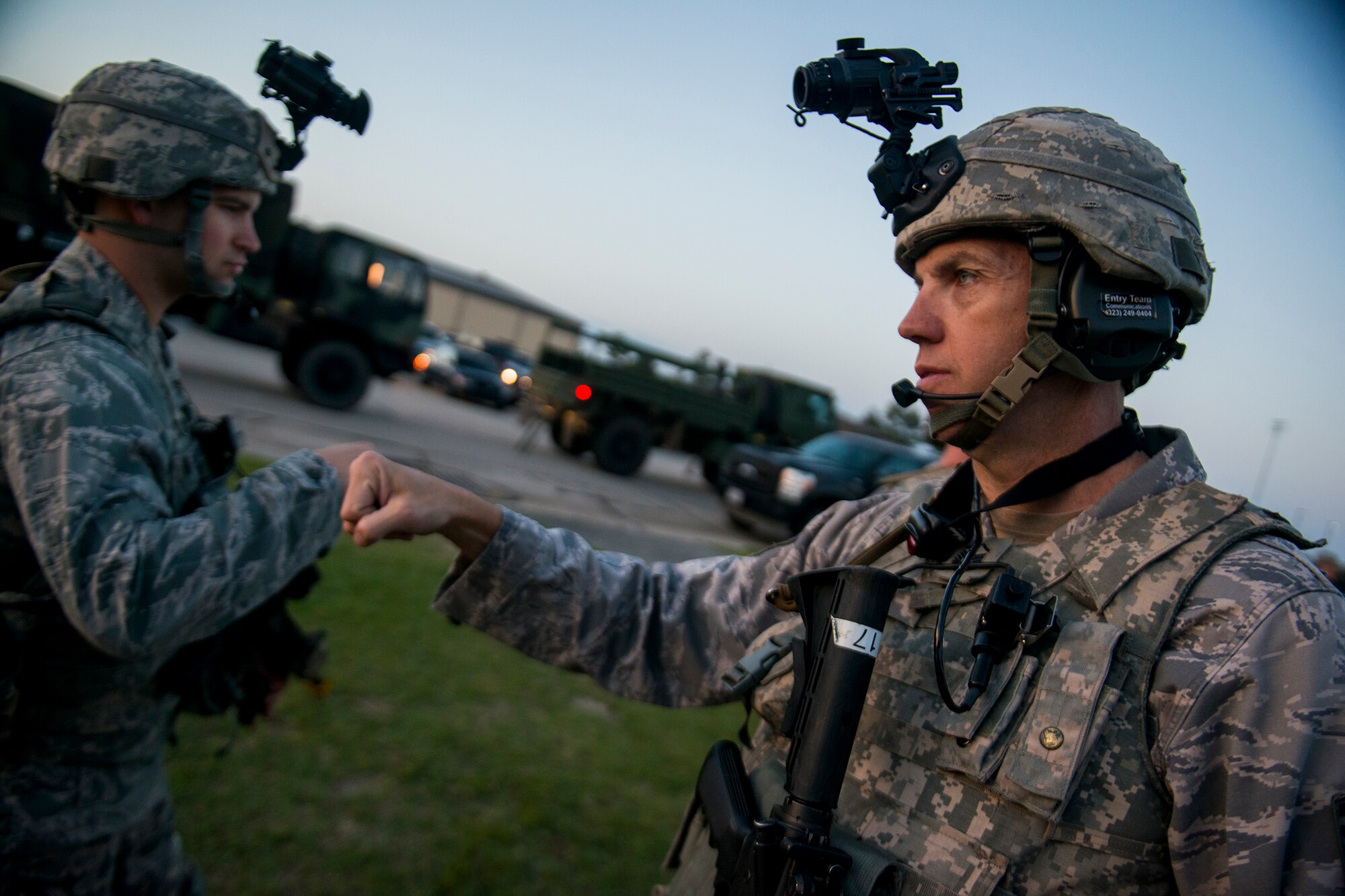 U.S. Air Force Master Sgt. Scott Shea, 820th Combat Operations Squadron, gives fist pumps to his team before they perform combat drills April 22, 2013, at Moody Air Force Base, Ga. The drills prepared them for later training in which they helped seize and secure the base’s airfield. (U.S. Air Force photo by Staff Sgt. Jamal D. Sutter/Released)