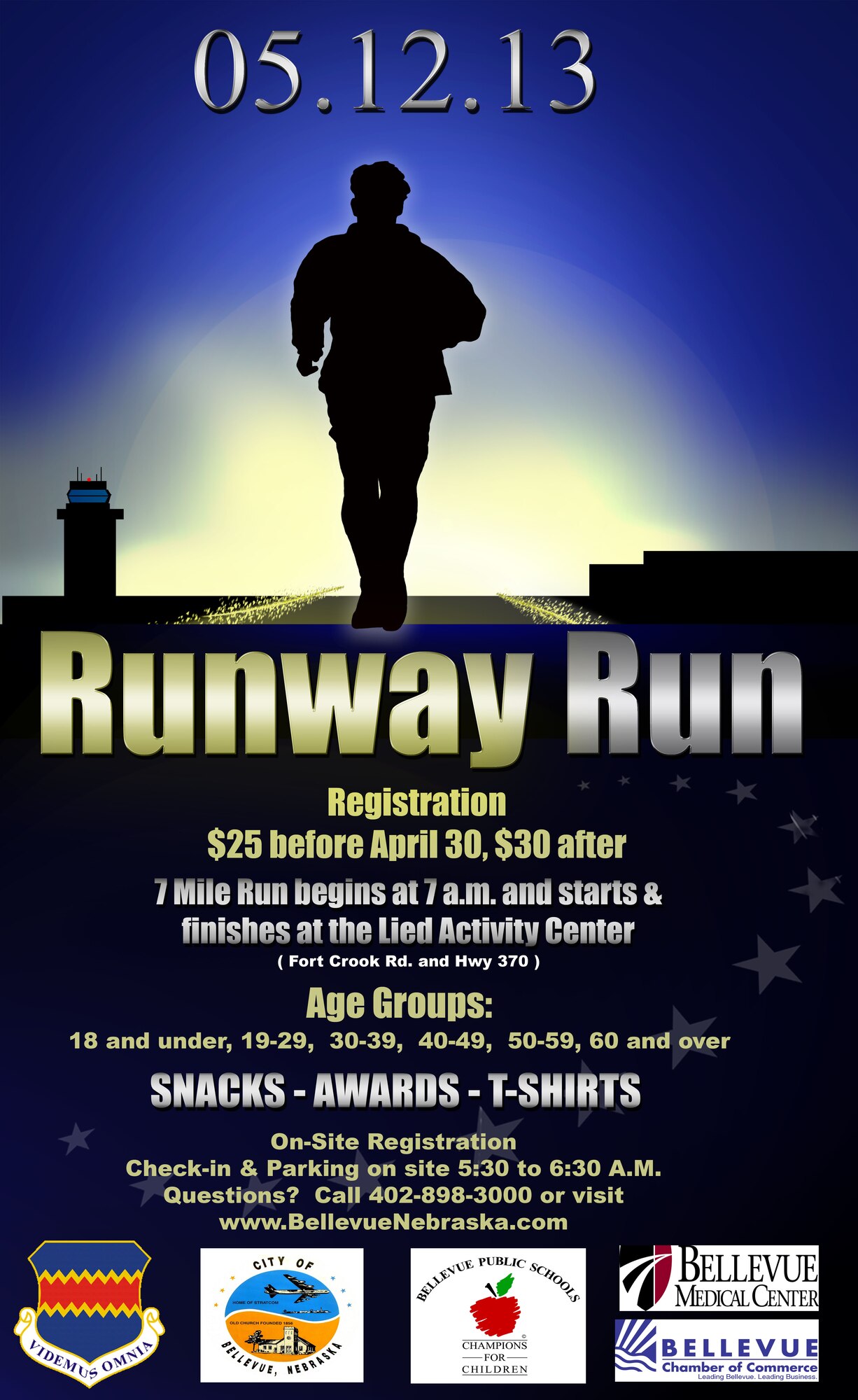 This year's Runway Run will be held on Sunday, May 12. The Runway Run takes runners along Fort Crook Road to the Kenny Gate and through Offutt Air Force Base, down the runway among a line of Air Force planes. (U.S. Air Force Graphic by Josh Plueger)