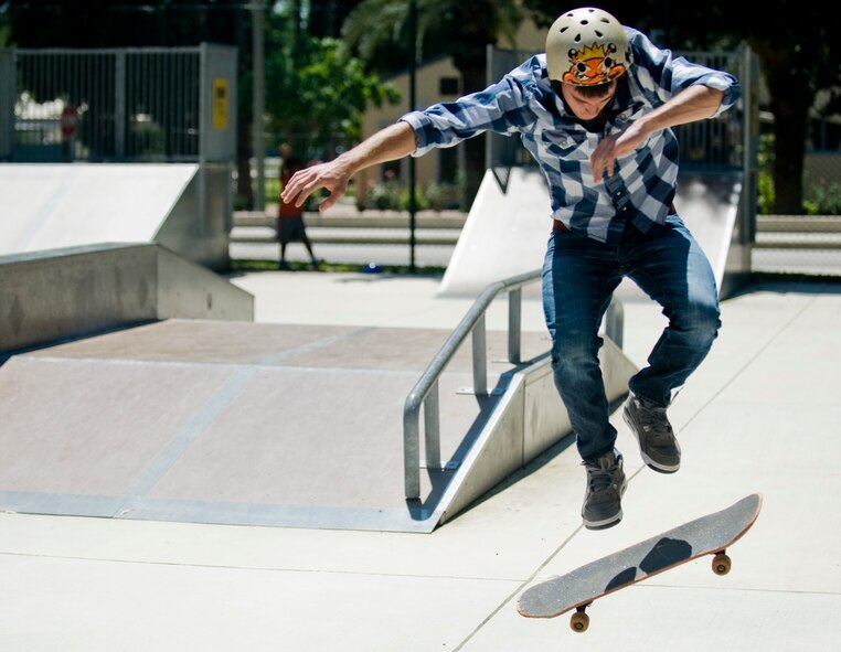 A contestant does a “kick flip” at the skate board competition during the Spring-A-Palooza event April 27, 2013, at Incirlik Air Base, Turkey. Spring-A-Palooza is the grand finale event to celebrate the Month of the Military Child at Incirlik. (U.S. Air Force photo by Staff Sgt. Veuril McDavid/Released)