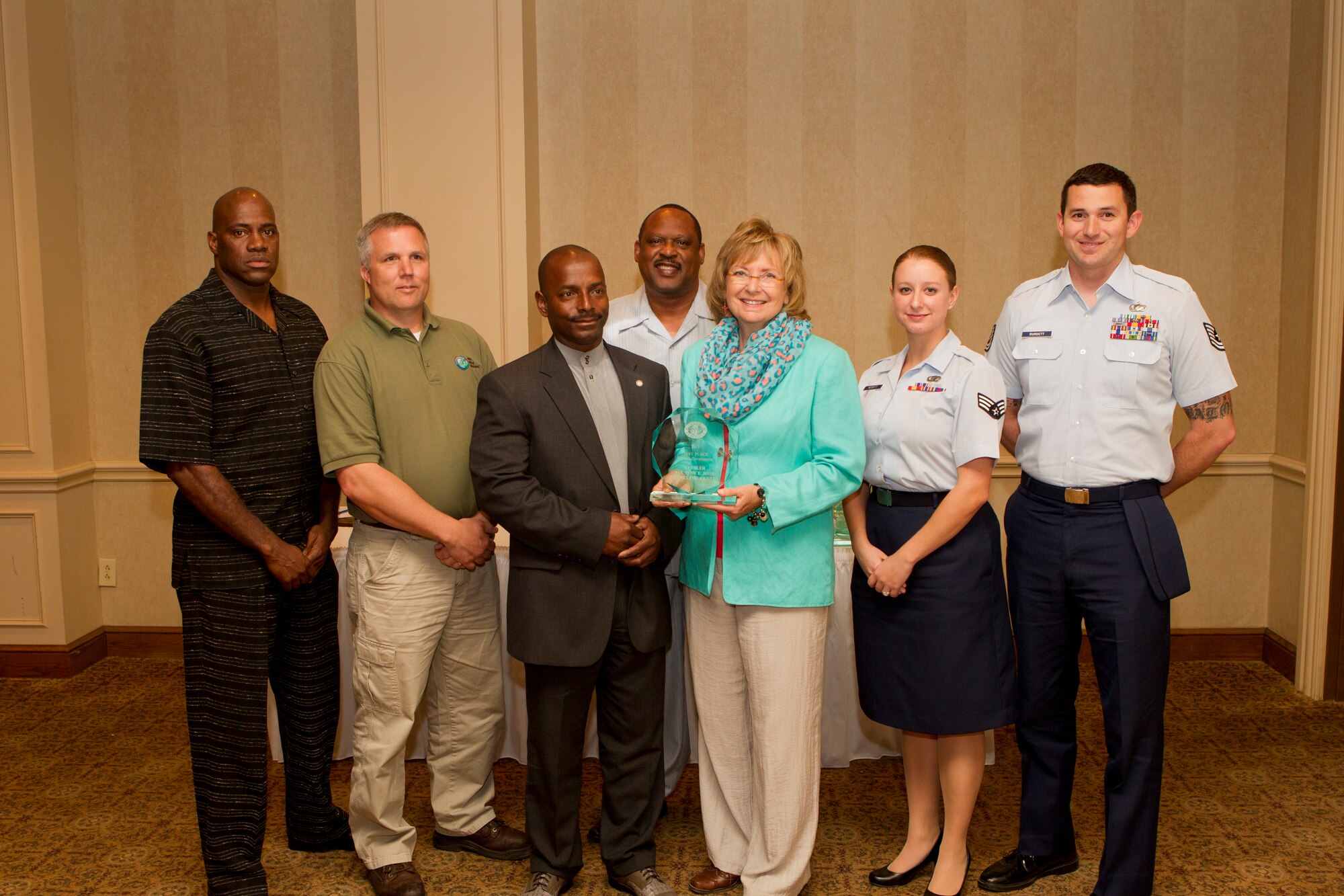 Members from Keesler Recycling Center receive the Keep Mississippi Beautiful Award Recycler of the Year, April 18, 2013. Keesler Recycling Center received the first place award in the federal category. (Courtesy photo)
