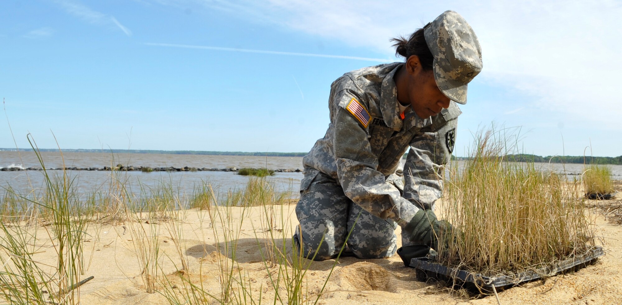U.S. Army Pfc. Diana Fenner, 510th Human Resource Company human resource specialist, plants salt meadow cordgrass along the James River as part of Earth Week at Fort Eustis, Va., April 25, 2013. More than 230 volunteers joined environmental protection officials at Langley Air Force Base and Fort Eustis in a series of clean-up and educational projects on each installation. (U.S. Air Force photo by Staff Sgt. Wesley Farnsworth / Released)