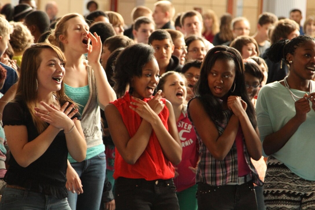 Wiesbaden Middle School Students creating dance moves during a recent Touch n' Go performance.  Music in Our Schools is an outreach program bringing educational opportunities to DoDDs students.