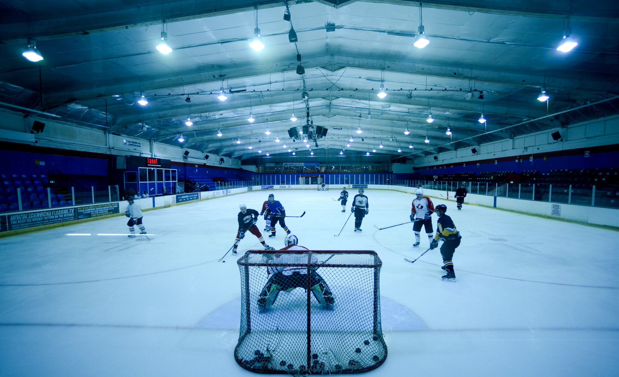 PETERBOROUGH, England - Staff Sgt. Jeffrey Dwyer (center), U.K. Warbirds goalie and member of the 100th Logistics Readiness Squadron, Royal Air Force Mildenhall, defends the goal during a practice session March 29, 2013. The team is accepting new players and is open to all U.S. service members serving in the U.K. Dwyer hails from Massena, N.Y. (U.S. Air Force photo by Staff Sgt. Stephen Linch)