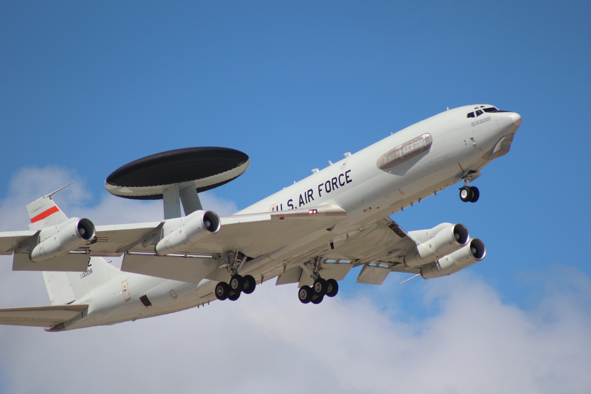 An E-3 Sentry Airborne Warning and Control System aircraft from the 961st Airborne Air Control Squadron takes off from Kadena Air Base, Japan, Jan. 30, 2013. With its command and control capabilities and intelligence, surveillance and reconnaissance mission, the E-3 Sentry Airborne Warning and Control System aircraft assigned to the unit opens the crew’s and Kadena’s eyes to virtually everything in the air. It’s this capability that allows Kadena and other Air Force assets to project superior force for any contingency. (U.S. Air Force photo by Lt. Col. John Jacobus/Released)