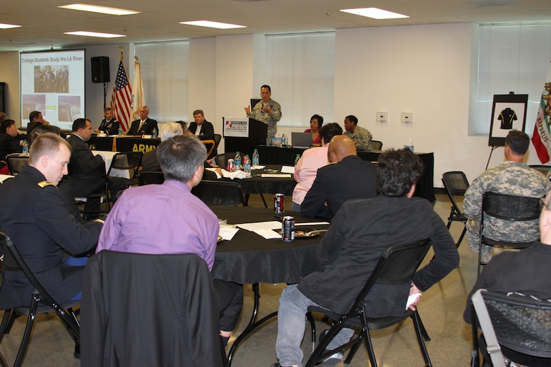 Col. Mark Toy, commander of the U.S. Army Corps of Engineers' Los Angeles District, addresses a crowd of educators, community leaders, and other Army advocates, during a panel discussion on STEM outreach initiatives in the Los Angeles area.
