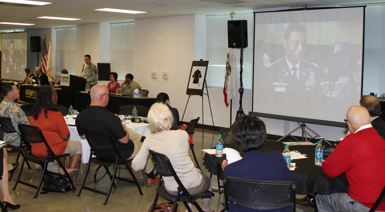 Army Lt. Gen. Thomas Bostick relates the nation's need for STEM professionals in the years to come through a video shown as part of a presentation given by Army Col. Mark Toy, commander of the Los Angeles District.  Toy presented an overview of the district's STEM outreach initiatives during a STEM panel discussion led by the Army's Los Angeles Recruiting Battalion April 26.