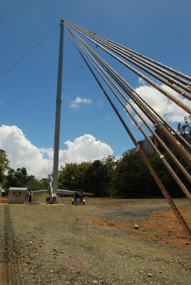 The first of three wind turbines is installed at Fort Buchanan, Puerto Rico, using an Energy Saving Performance Contract awarded by the U.S. Army Corps of Engineers, Engineering and Support Center, Huntsville.