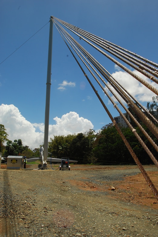 The first of three wind turbines is installed at Fort Buchanan, Puerto Rico, using an Energy Saving Performance Contract awarded by the U.S. Army Corps of Engineers, Engineering and Support Center, Huntsville.