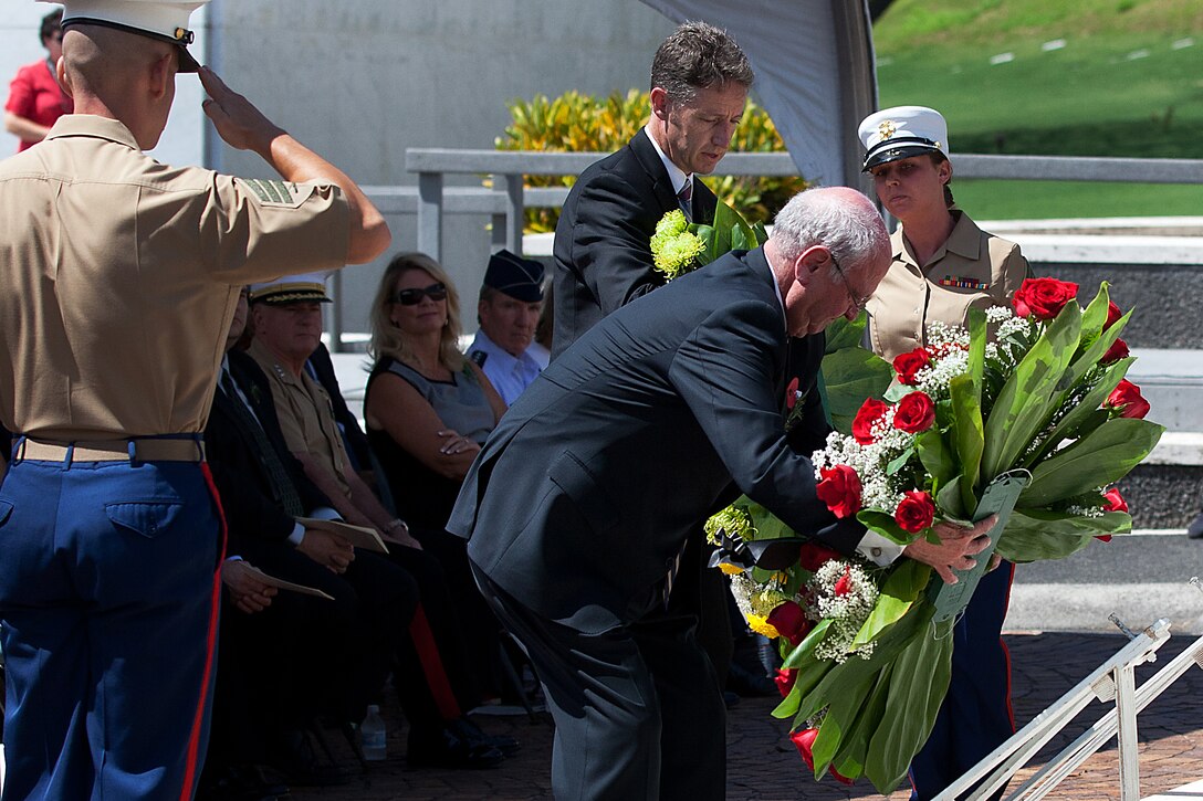 Scott Dewar, Australian Consul-General to the U.S., and Mike Moore, New Zealand Ambassador to the U.S., lay their respective wreathes during the ANZAC Day ceremony here April 25. Every year, the Australian Consulate and New Zealand Embassy join with U.S. Marine Corps Forces, Pacific, to host a commemoration ceremony. 