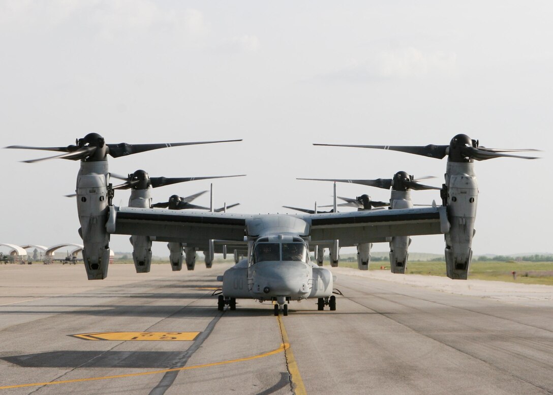 Six MV-22B Ospreys assigned to Marine Medium Tiltrotor Squadron 365 arrived here April, 27 in support of Special-Purpose Marine Air-Ground Task Force, Crisis Response (SP-MAGTF CR). The fleet of six executed the longest and largest transatlantic flight of any MV-22B squadron to date, traveling from Marine Corps Air Station New River. The MV-22B Ospreys, along with two KC-130J aircraft from Marine Aerial Refueler Transport Squadron 252 and other command and control assets and support staff make up the aviation command element for SP-MAGTF CR. SP-MAGTF CR will provide limited defense crisis response in support of U.S. Embassies in the region, to support non-combatant evacuation operations, humanitarian disaster relief operations or provide recovery capabilities.