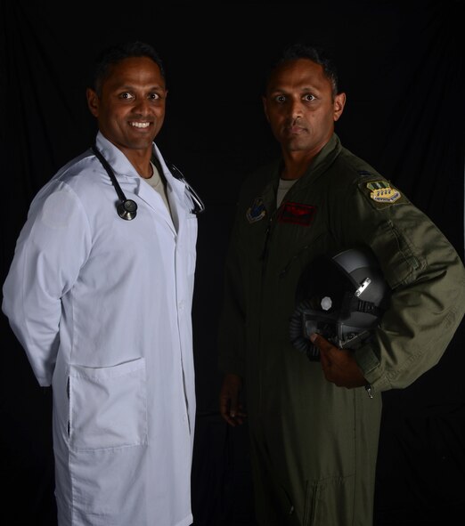 Capt. Dave Prakash, 2nd Medical Group flight surgeon as well as a 96th Bomb Squadron pilot, poses in his various uniforms on Barksdale Air Force Base, La., April 29, 2013. In less than a month, Prakash will hold the title of pilot physician, a title held by less than 12 Air Force pilots. He is also currently working on ground-breaking projects to advance medical capabilities for the 2nd MDG. (U.S. Air Force photo/Senior Airman Micaiah Anthony)