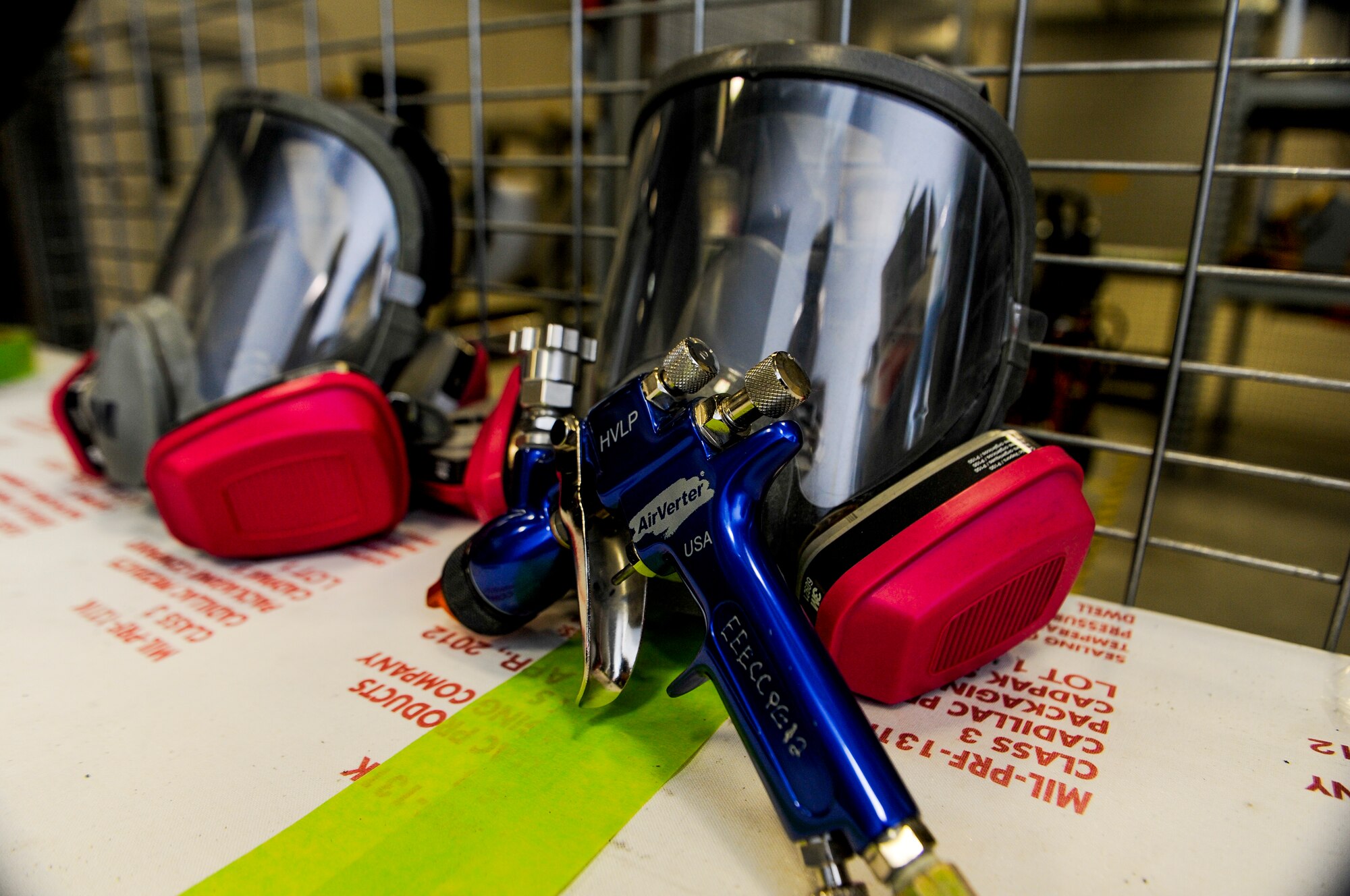 Equipment used by U.S. Air Force Airmen from Fabrication Flight, 1st Special Operations Equipment Maintenance Squadron, rests on a bench at the Corrosion Control Facility on Hurlburt Field, Fla., April 25, 2013. The Airmen of the flight use respirators to protect themselves from fumes of the paint produced when painting equipment. (U.S. Air Force photo/Airman 1st Class Christopher Callaway) 