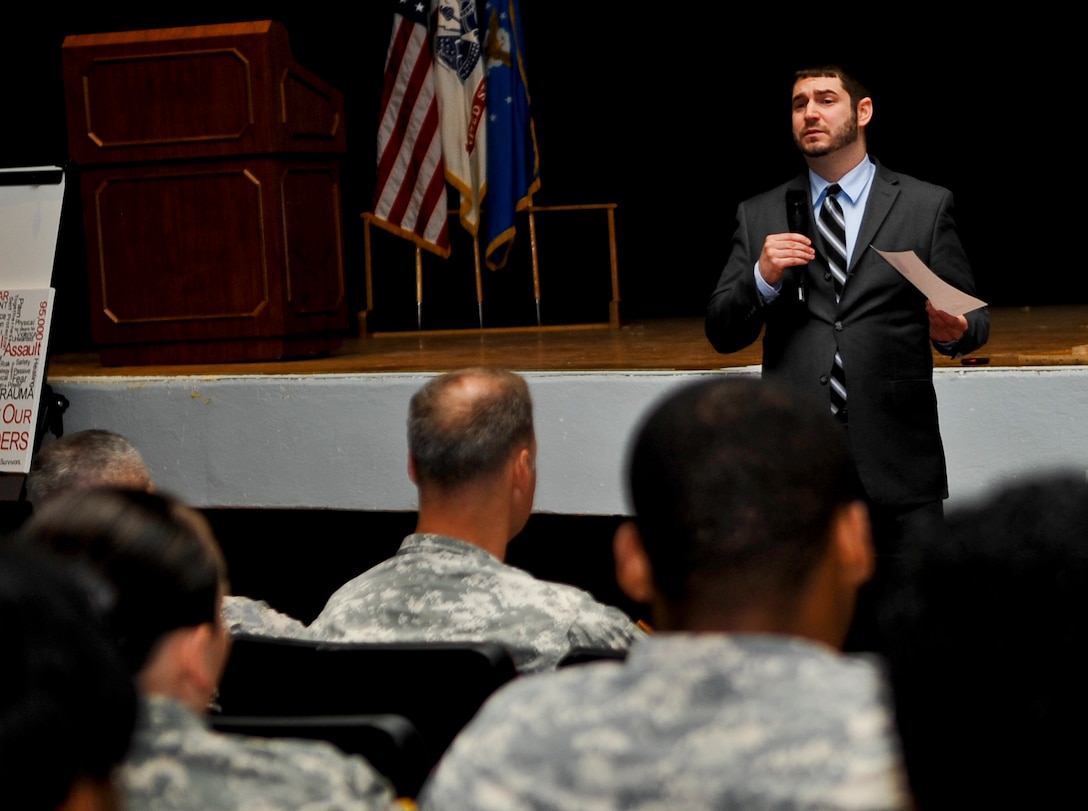 Robert Uttaro, Boston Area Rape Crisis Center volunteer, speaks to Soldiers on the importance of sexual assault prevention during the sexual assault awareness month wrap-up event in Jacobs Theater at Fort Eustis, Va., April 30, 2013. During the event speakers talked about the importance of stepping up and speaking out if something is wrong because it may be the key to prevention.  (U.S. Air Force photo by Staff Sgt. Wesley Farnsworth/Released)